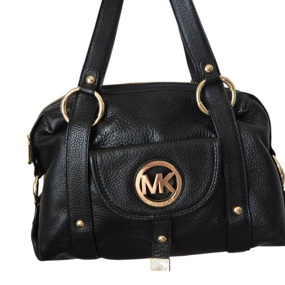 Michael Kors Fulton Black Pebbled Leather Double Handles Zipper Satchel Bag - Picture 1 of 8